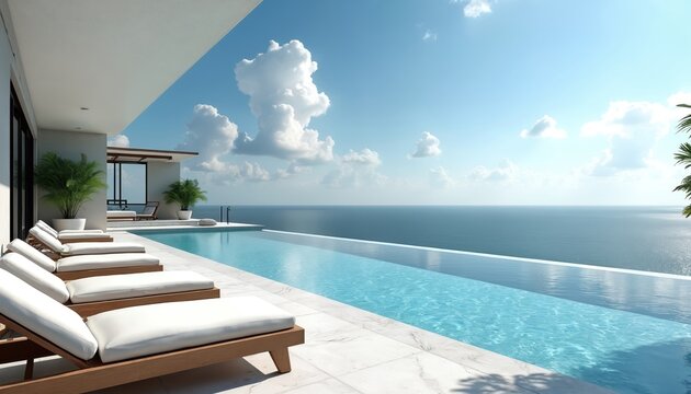 Luxurious rooftop pool with ocean view. Loungers rest near water. Blue sky creates relaxing atmosphere. Modern design with plants and sunbeds. Hotel resort or spa location is perfect for getaway. - Powered by Adobe