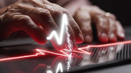Elderly womans hands typing on glowing keyboard. Red digital lines forming heartbeat pulse wave. Macro closeup of computing and health monitoring concept through technology interface. - Powered by Adobe
