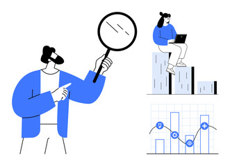 Person examining with magnifying glass, woman analyzing data on laptop atop bar graph, chart with gears and growth line. Ideal for business strategy, data insight, teamwork, problem-solving
