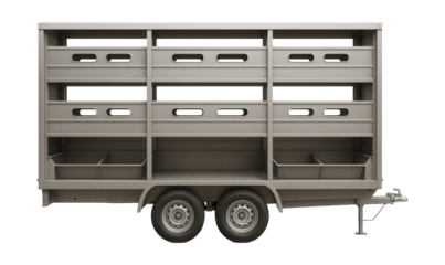 Sheep transport trailer featuring double-layer flooring and built-in feeding troughs.