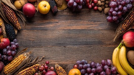 Autumn harvest fruits and vegetables on rustic wooden background for seasonal decor or thanksgiving