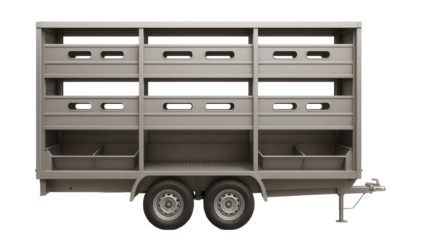 Sheep transport trailer featuring double-layer flooring and built-in feeding troughs.