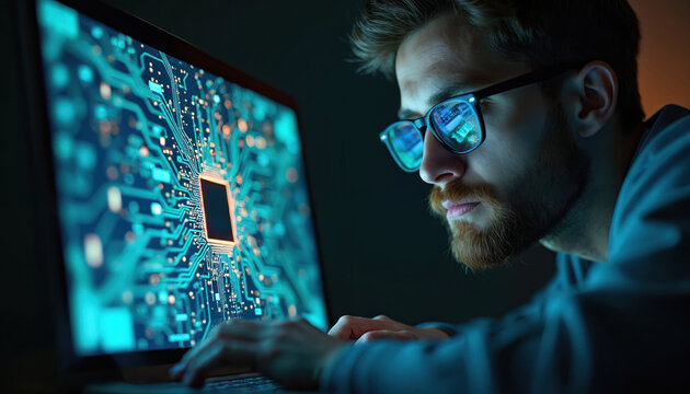 Man in glasses intently studies complex circuit board on computer screen. He types on keyboard with focus. Tech pro works late at night in dim office light.