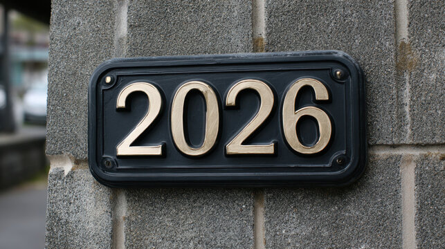 Metallic house number plaque showing 2026 mounted on a textured concrete wall