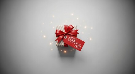 Overhead view of a sparkling gift box with a red bow and a tag featuring "FREE SHIPPING DAY" text, perfect for e-commerce, advertising, and festive promotions.