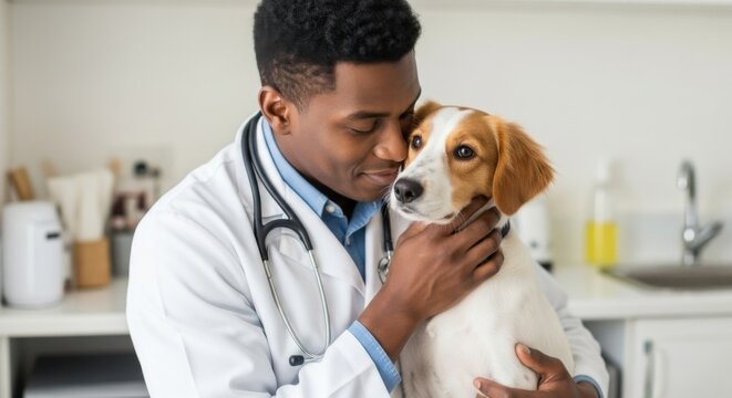 Compassionate male veterinarian in white coat hugging and comforting a small dog at a clinic, emphasizing care and animal wellness.
