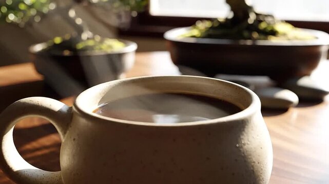 Zen mood established in tranquil cinematic shot of coffee