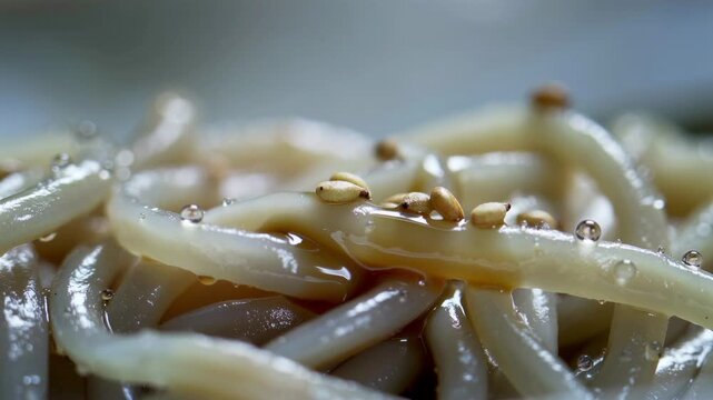 Extreme macro shot of cold glossy noodles as toasted sesame seeds fall and settle, sauce sheen catching light, tiny droplets clinging to each strand, highlighting delicate texture and soft motion.