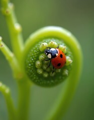 Fototapeta premium Red ladybug crawls on bright green coiled fern frond. Tiny insect explores fresh unfurling plant detail. Macro shot captures spring nature growth outdoors. Small beetle looks vibrant, cute in garden