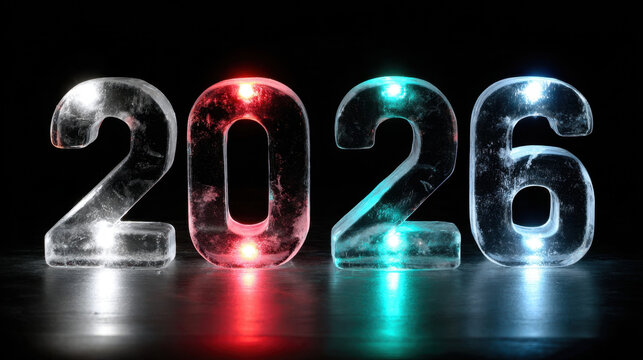 Illuminated ice sculpture of the number 2026 glowing with red, green, and blue lights against a dark background - Powered by Adobe