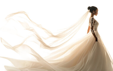 Elegant bride glancing back with flowing veil in a serene outdoor setting celebrating her special day isolated on transparent background PNG