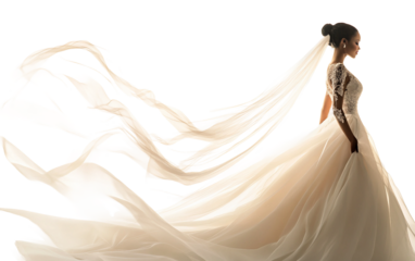 Elegant bride glancing back with flowing veil in a serene outdoor setting celebrating her special day isolated on transparent background PNG