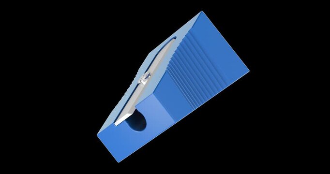 Blue pencil sharpener rotation animation seamlessly loopable. 3D rendering isolated on transparent background