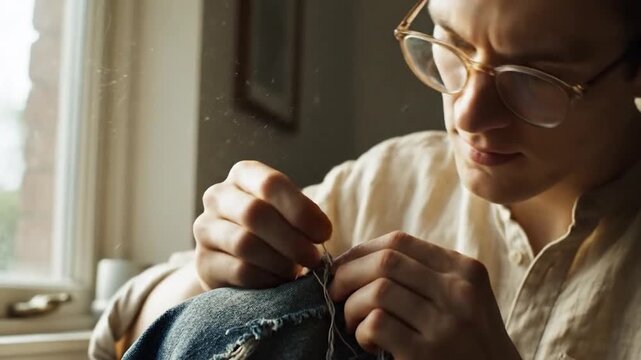 Focused individual hand mending blue denim textile with needle and thread near sunlit window