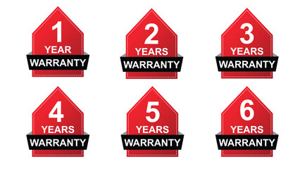 1 to 6 Years Warranty Badge Set Vector, Red Guarantee Label Icons