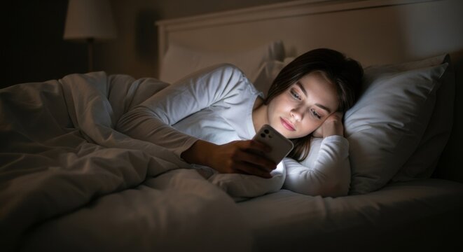 Young woman lying in bed at night, looking at a smartphone screen, depicting late-night usage, digital addiction, and sleep disruption or social media usage.