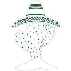 Illustration of a cactus wearing a sombrero with a white transparent background