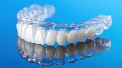 Close-up of transparent orthodontic aligners on blue background