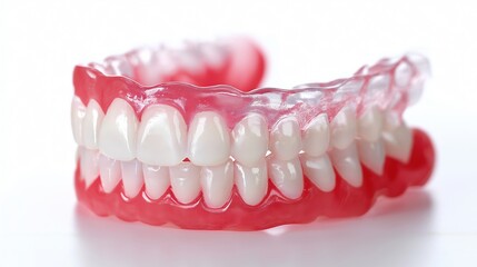 Fototapeta premium Close-up of dentures with pink gums and white teeth on white background