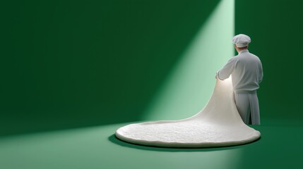 Male baker rolling dough in green minimalist setting