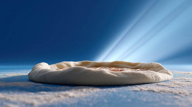 Glowing light on raw pizza dough and tomato sauce against a blue background