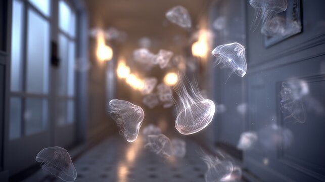 Ethereal translucent jellyfish-like apparition floating through a dim hallway, symbolizing visual hallucination from charles bonnet syndrome.