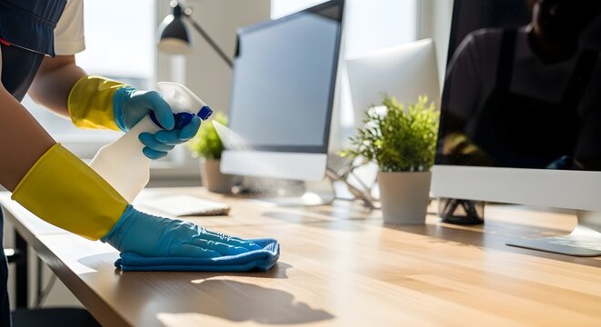 Janitor wearing glove wiping office desk with cloth and spray bottle near computer monitor and plant, conveying professional commercial janitor service and workplace sanitation.