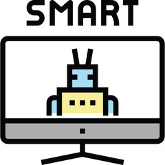 Icon of a Smart TV Displaying a Robot Head Graphic with Antennas and Light Blue Accents on a White Screen Background Isolated on Transparent Background