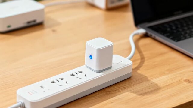 Closeup medium shot of a technician mounting pointofuse surge protector on a home office power strip to protect sensitive electronics from power surges.