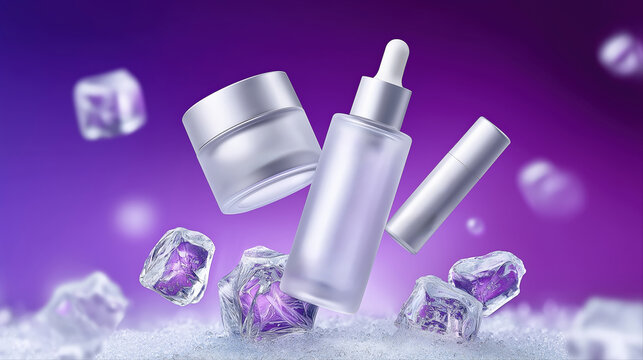 Skincare product set with floating bottles and ice cubes on purple background