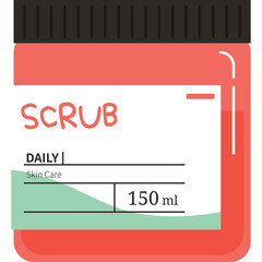 Illustration of a coral pink jar with a black lid labeled SCRUB DAILY Skin Care 150 ml on a white background isolated product graphic