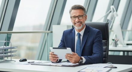Smiling mature businessman in an elegant suit holding a tablet computer while sitting at an office desk, symbolizing leadership and success.