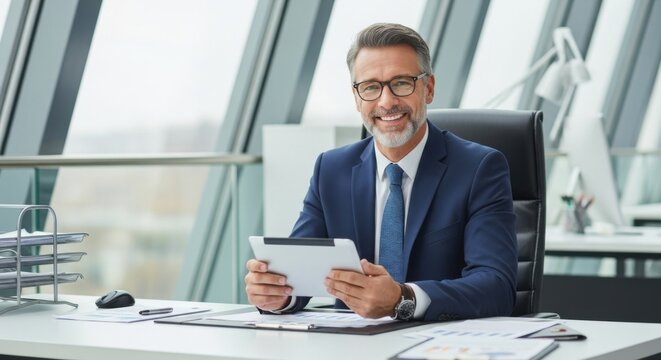 Smiling mature businessman in an elegant suit holding a tablet computer while sitting at an office desk, symbolizing leadership and success.