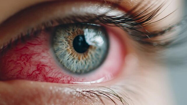 Close up of a human eye with red bloodshot veins showing irritation and conjunctivitis infection