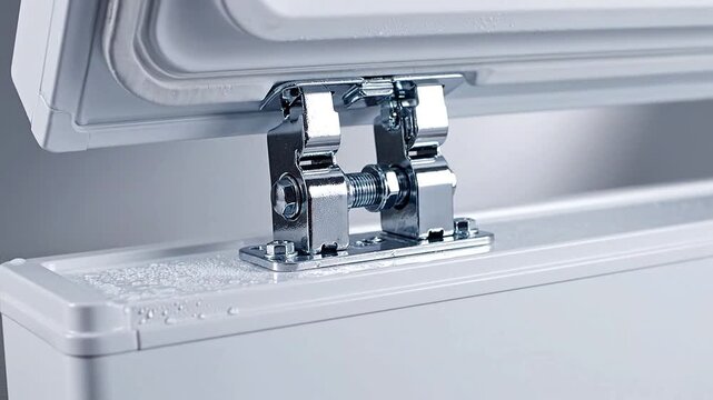 Zinc-coated hinges on deep freezer resist corrosion, joints gleaming.