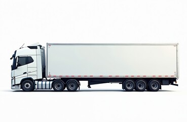 Modern white semi truck with long trailer stands isolated on clean background. Heavy goods vehicle for freight shipping. Big rig lorry for commercial logistic business delivery service, transporting