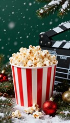 Composition of a Christmas movie night showing a bucket of striped popcorn, falling snowflakes, pine branches, shiny ornaments and a classic film clapperboard on a green velvet background.
