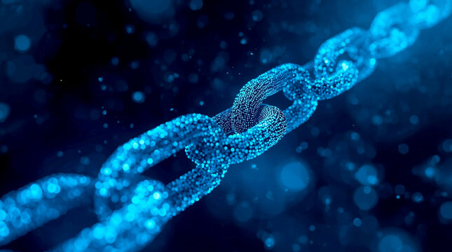Futuristic blue digital chain made of glowing particles, symbolizing connection, strength, security and modern blockchain technology
