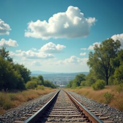 Fototapeta premium Railway tracks extend through serene summer country landscape. Blue sky with fluffy white clouds hangs above. Green trees, dry grass line path. Distant city visible on horizon. Peaceful journey