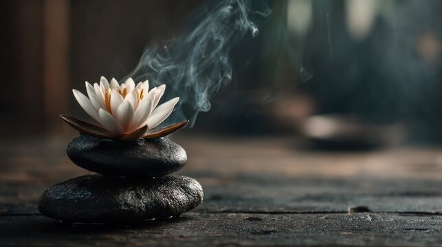 A serene still life featuring a delicate white lotus flower perched atop stacked dark stones, with wisps of smoke rising around it, set against a moody backdrop. - Powered by Adobe