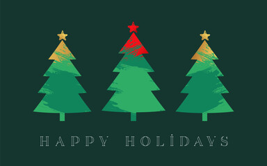 Happy Holidays greetings, Christmas tree with brush strokes. Merry Christmas creative vector design with xmas trees
