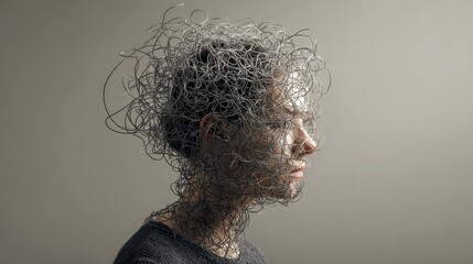 
Head filled with tangled thoughts, problems, and emotions, mental health concept.