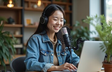An Asian woman records a podcast at her home studio. She wears headphones and uses a microphone to talk to audience. She is smiling and working on laptop computer.