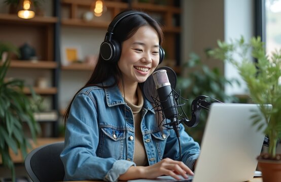 An Asian woman records a podcast at her home studio. She wears headphones and uses a microphone to talk to audience. She is smiling and working on laptop computer.