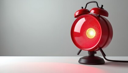 Red alarm lamp with bright red light sits on a white surface. The device has two bells on top and emits a warning glow. It stands on a stand with a power cord, casting red light.