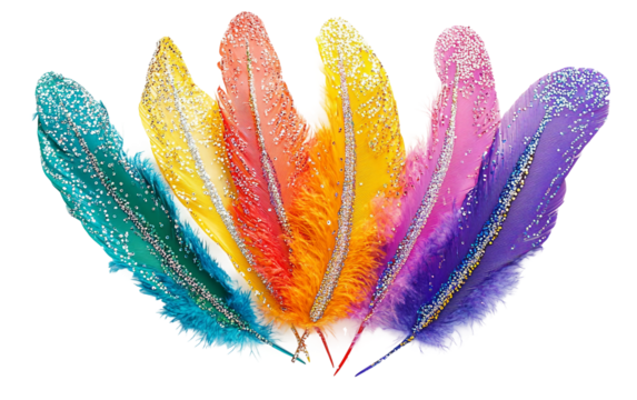 Brightly colored carnival feathers arranged in an intricate decorative pattern creating a festive and vibrant display isolated on transparent background PNG