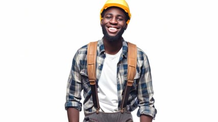 A smiling person wearing a plaid shirt with suspenders, overalls, and a yellow hard hat. They are holding a tool, indicating they may be working on a project.