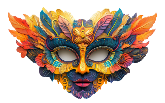Vibrant carnival mask featuring detailed artistic elements and rich colors forming a bold cultural festive visual isolated on transparent background PNG