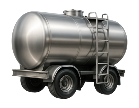 Stainless steel milk tanker featuring a smooth cylindrical design and rear access ladder.