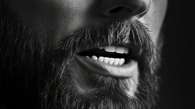 A man with a dark beard, his facial hair in close-up detail.